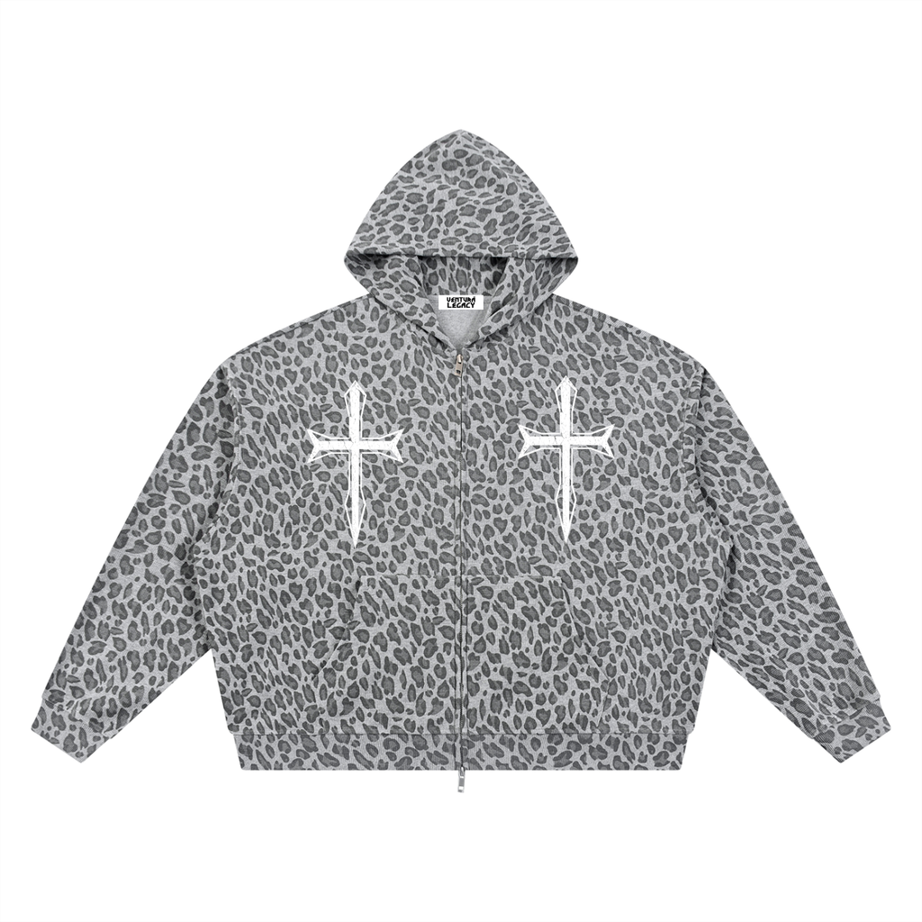 Ventura Legacy | Unisex Leopard Print Waffle Full Zip Hoodie Drain