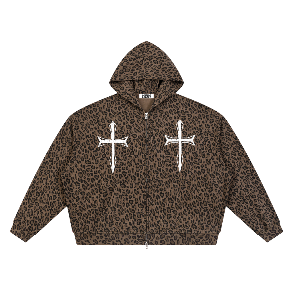 Ventura Legacy | Unisex Leopard Print Waffle Full Zip Hoodie Hated