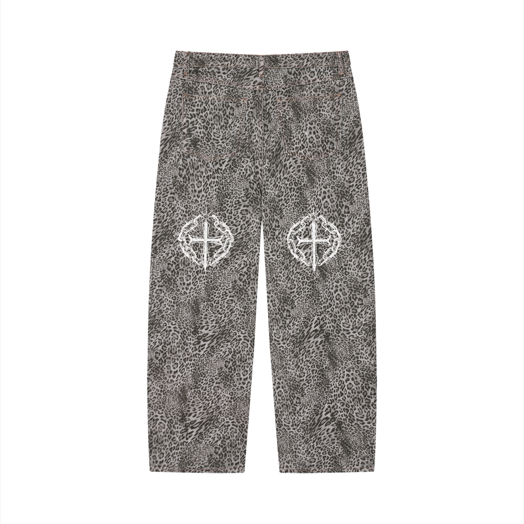 Unisex Vintage Wash Leopard Wide Leg Jeans Leona