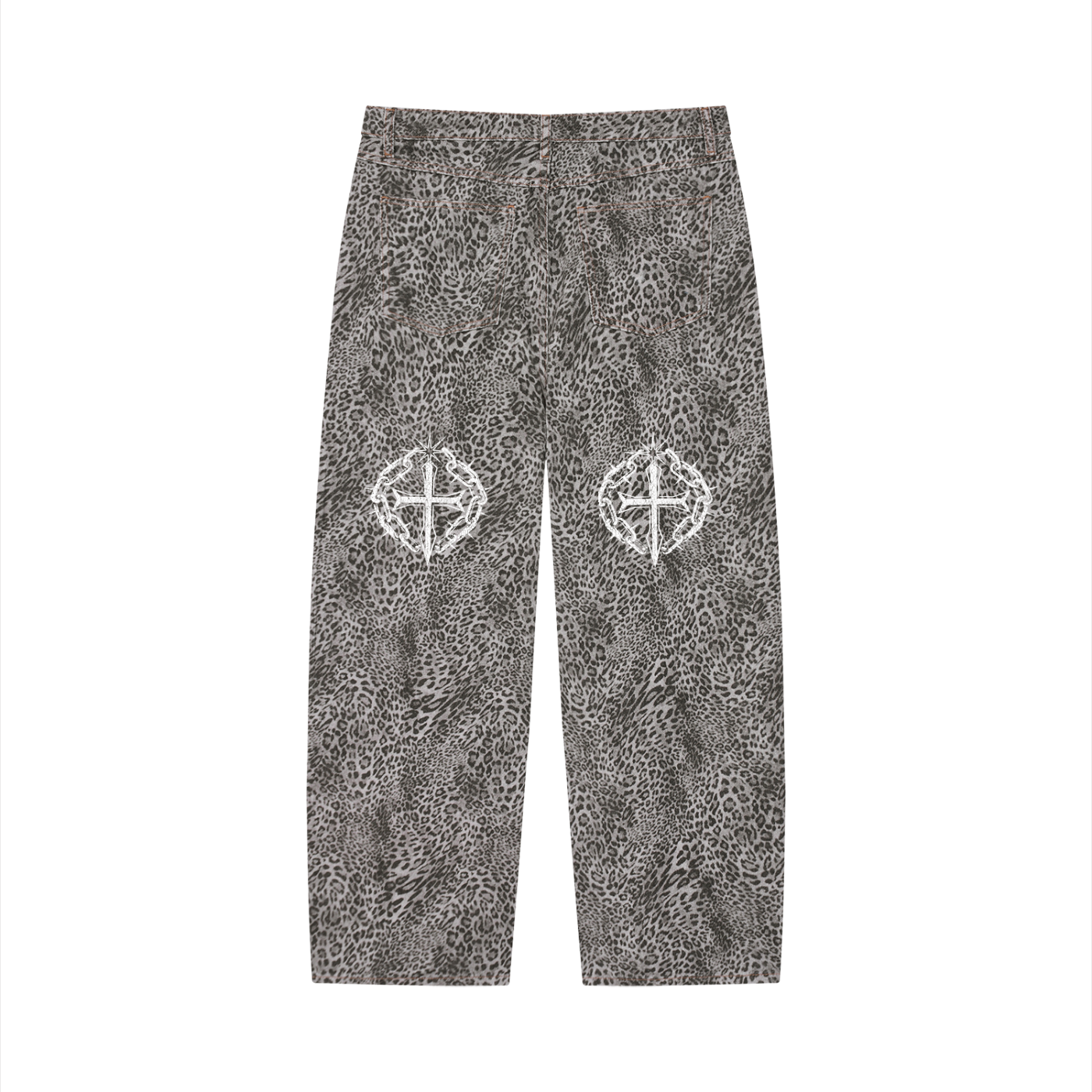 Unisex Vintage Wash Leopard Wide Leg Jeans Leona