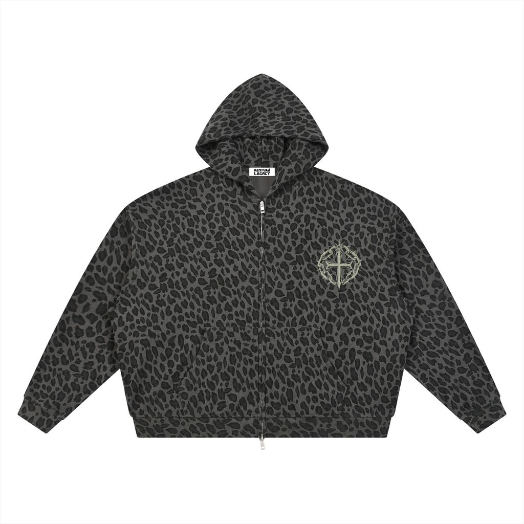 Unisex Leopard Print Waffle Full Zip Hoodie