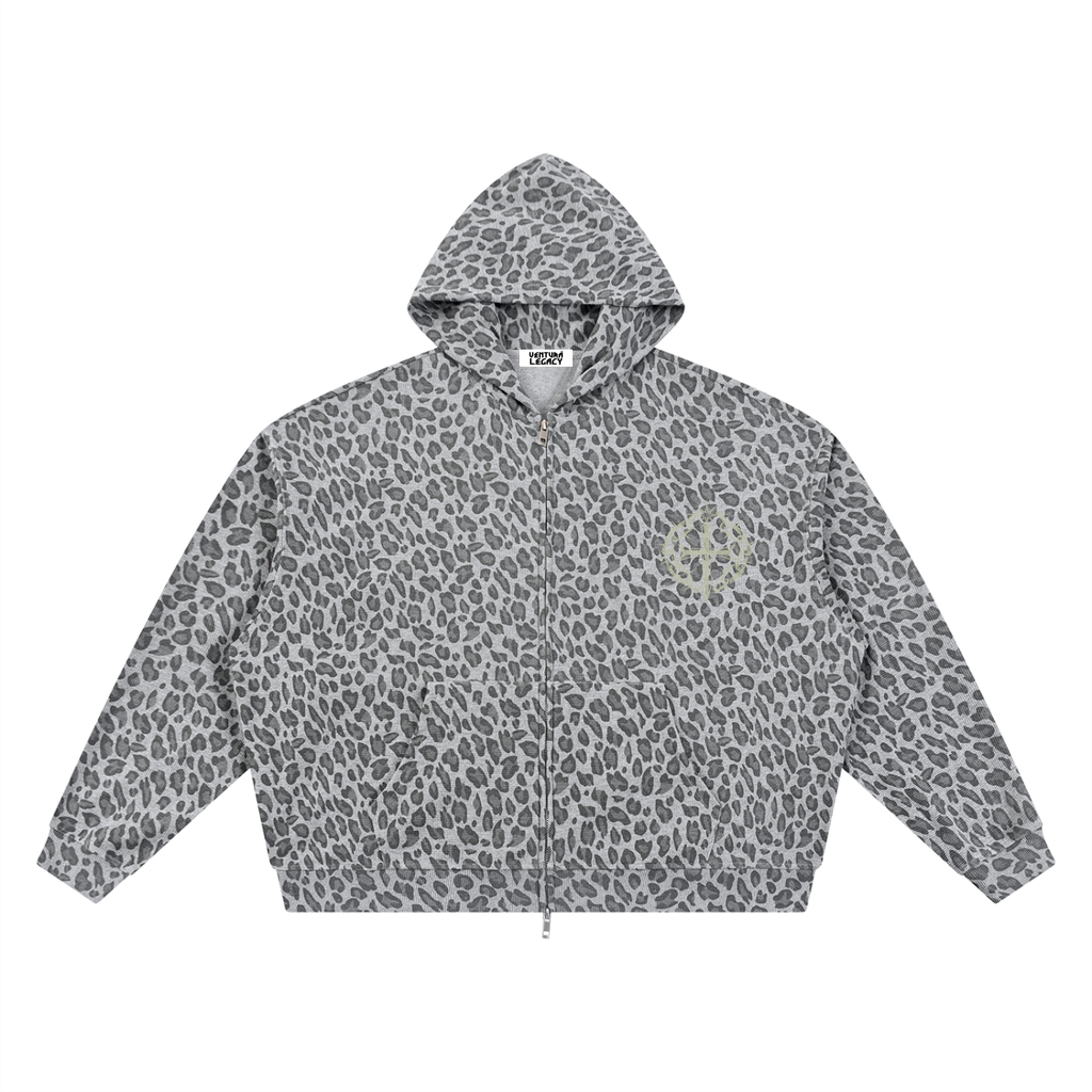 Unisex Leopard Print Waffle Full Zip Hoodie