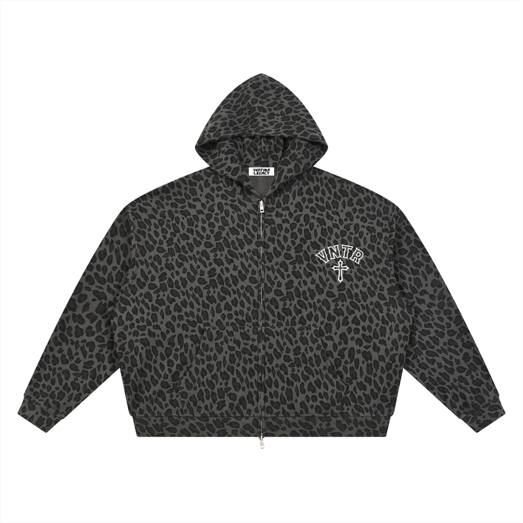 Unisex Leopard Print Waffle Full Zip Hoodie
