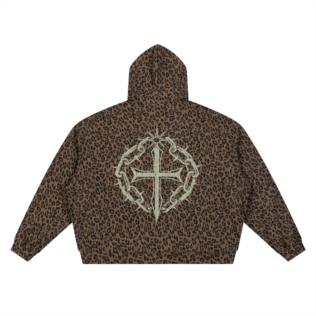 Unisex Leopard Print Waffle Full Zip Hoodie