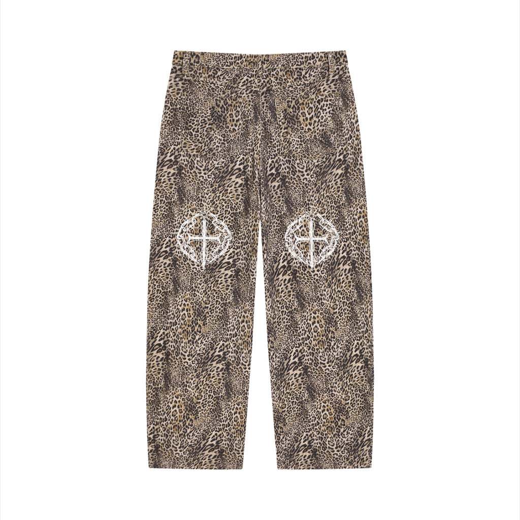 Unisex Vintage Wash Leopard Wide Leg Jeans Leona