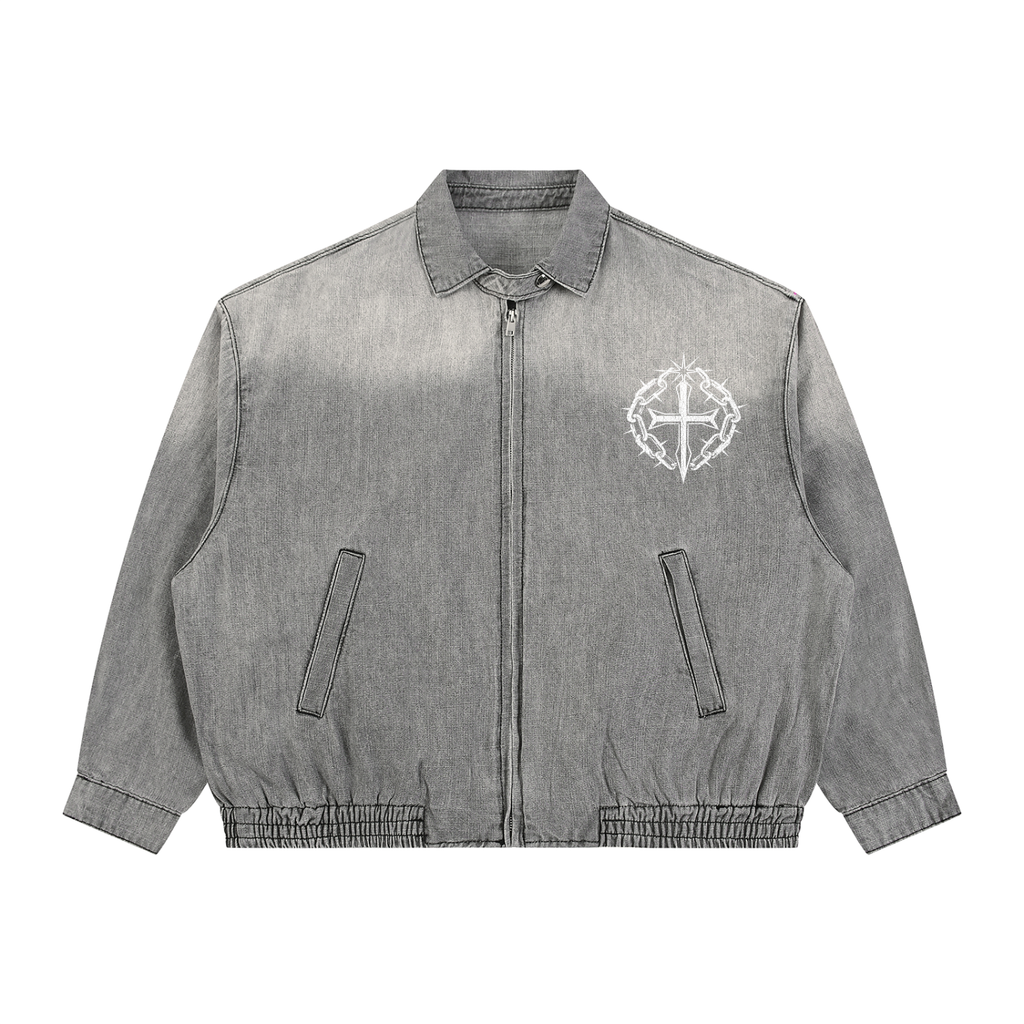 Unisex Vintage Wash Full-Zip Denim Jacket
