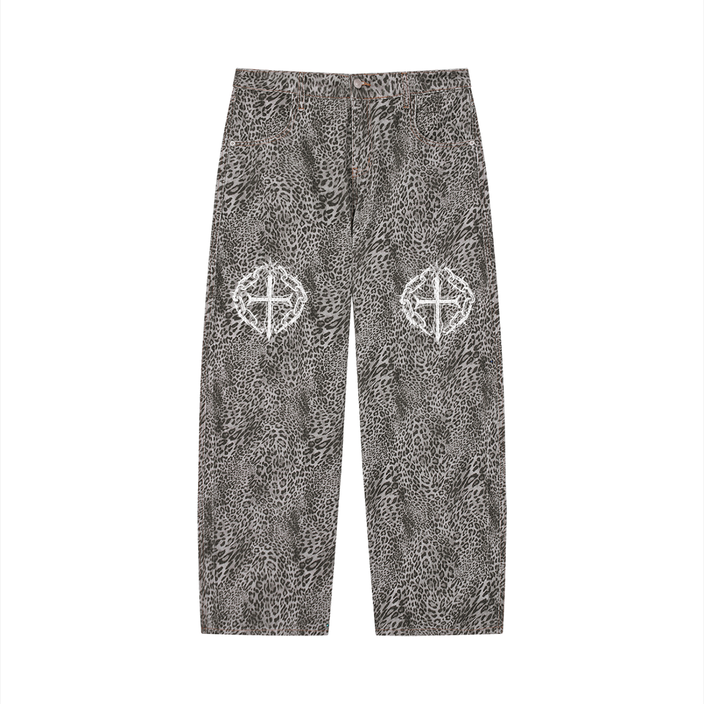 Unisex Vintage Wash Leopard Wide Leg Jeans