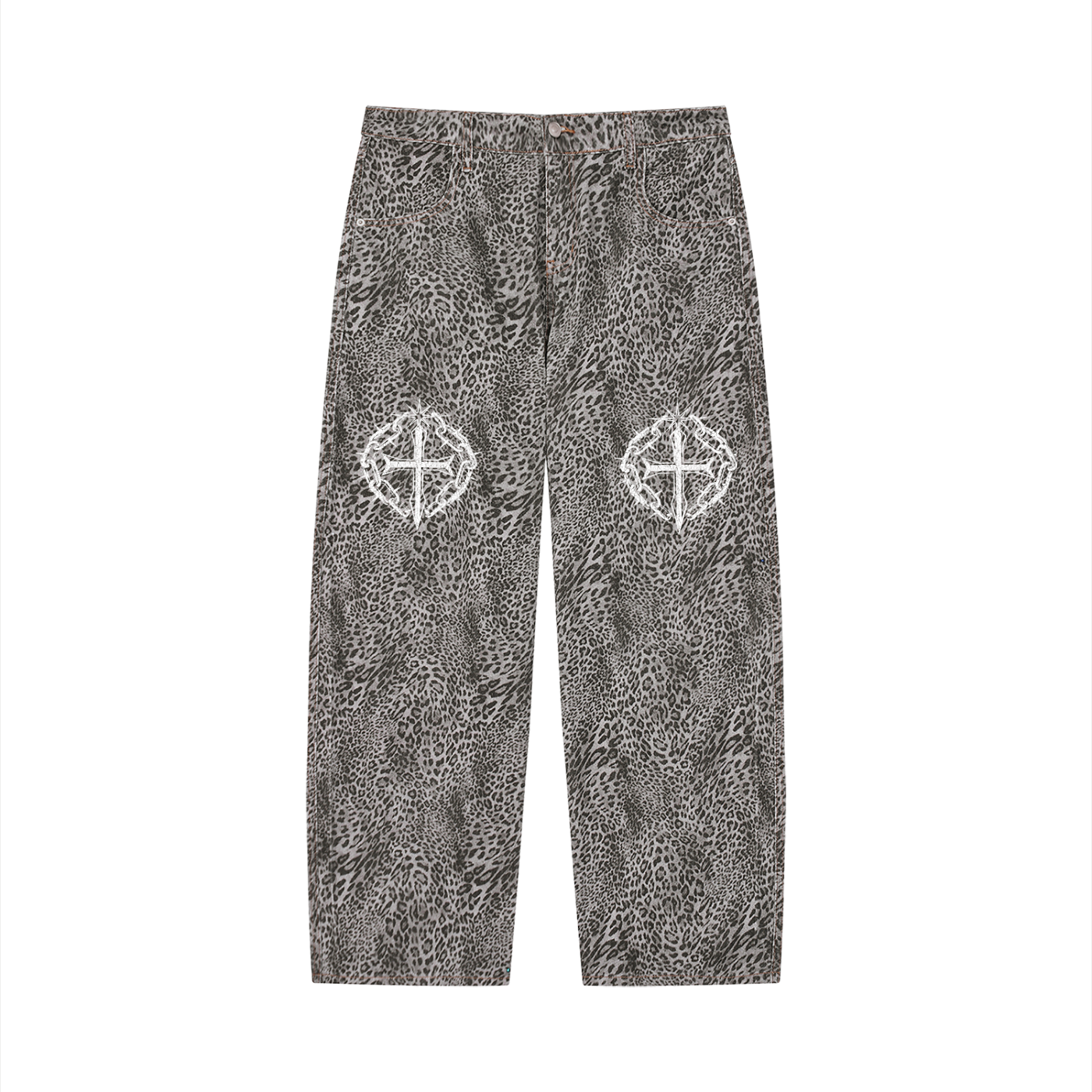 Unisex Vintage Wash Leopard Wide Leg Jeans