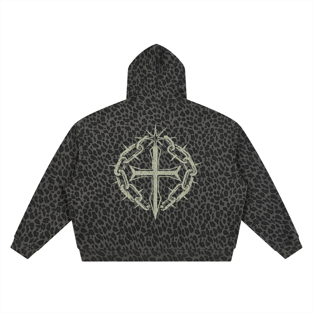 Unisex Leopard Print Waffle Full Zip Hoodie