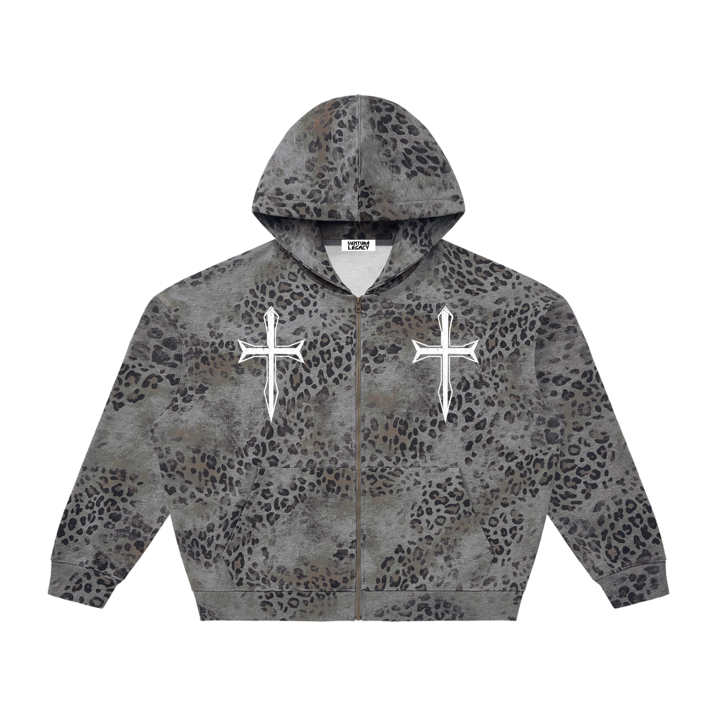 Ventura Legacy | Unisex Vintage Wash Leopard Full Zip Hoodie Cross
