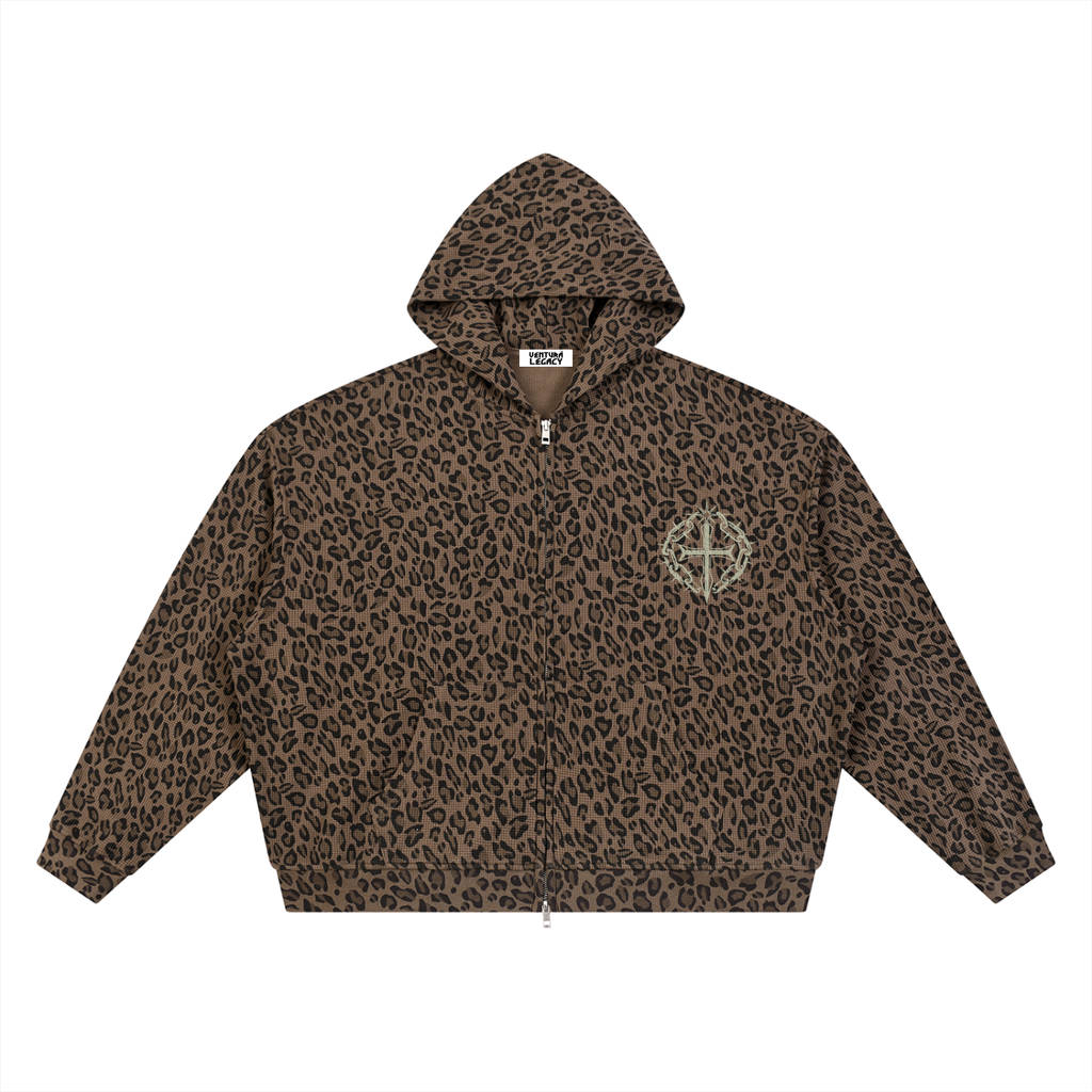 Unisex Leopard Print Waffle Full Zip Hoodie