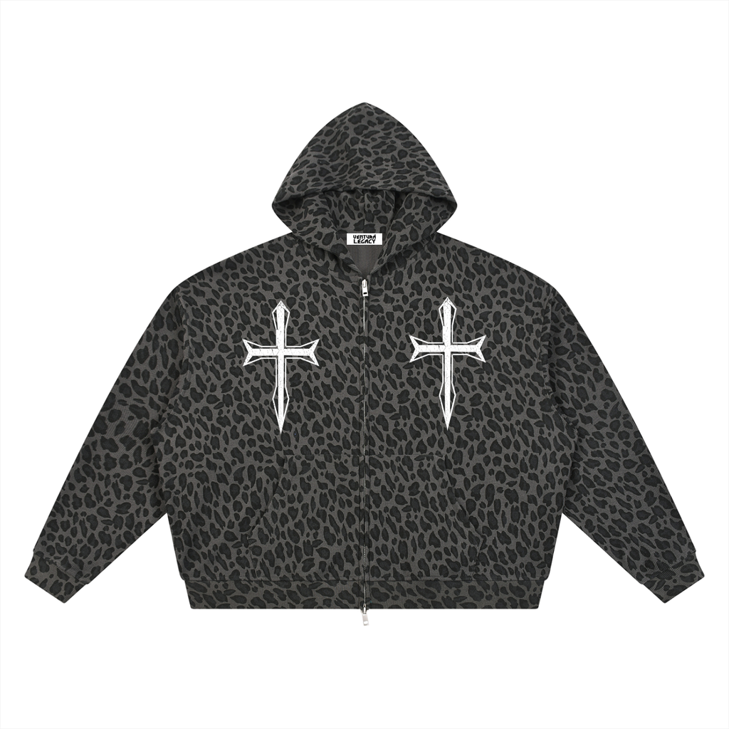 Ventura Legacy | Unisex Leopard Print Waffle Full Zip Hoodie Drain