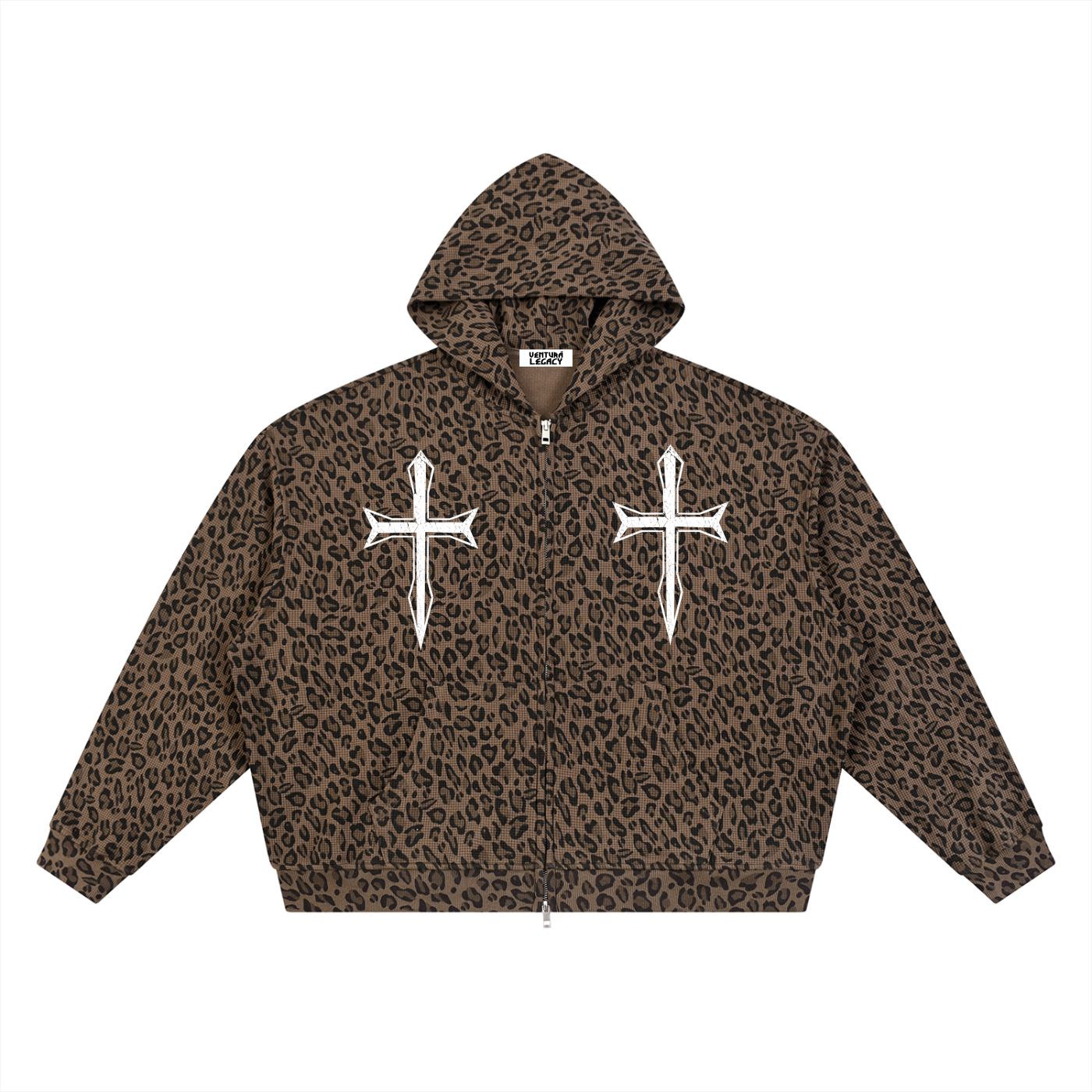 Ventura Legacy | Unisex Leopard Print Waffle Full Zip Hoodie Drain